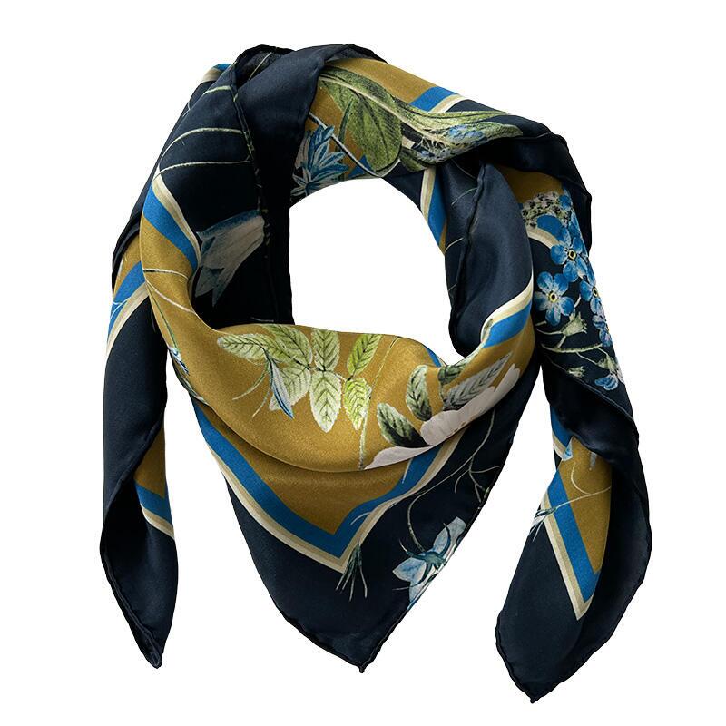 SILK SCARF - Blue Flower Garden JL - Gold 50 cm