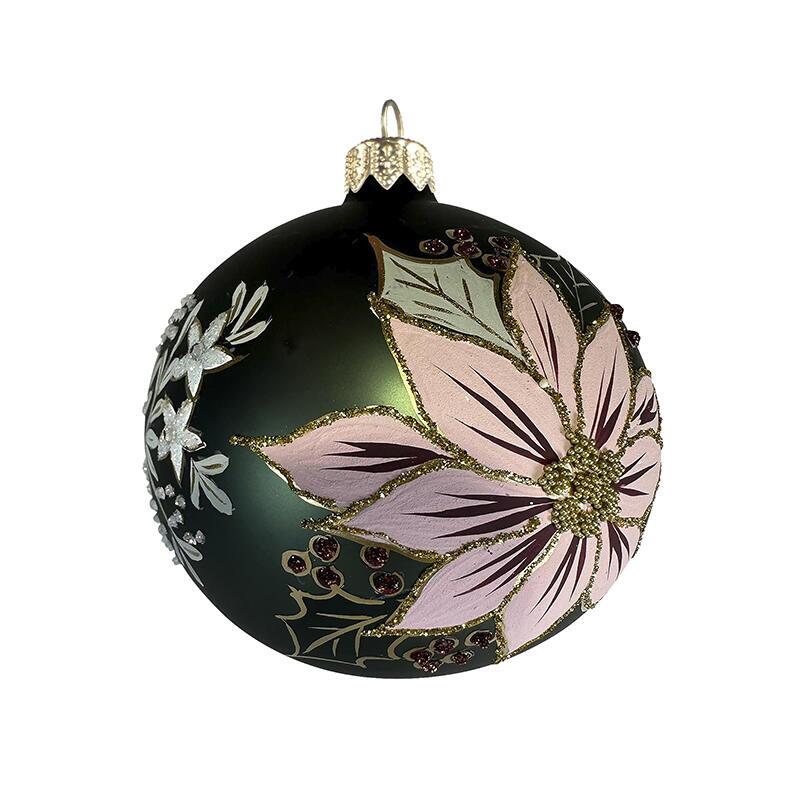 Glass bauble - Green/pink poinsettia